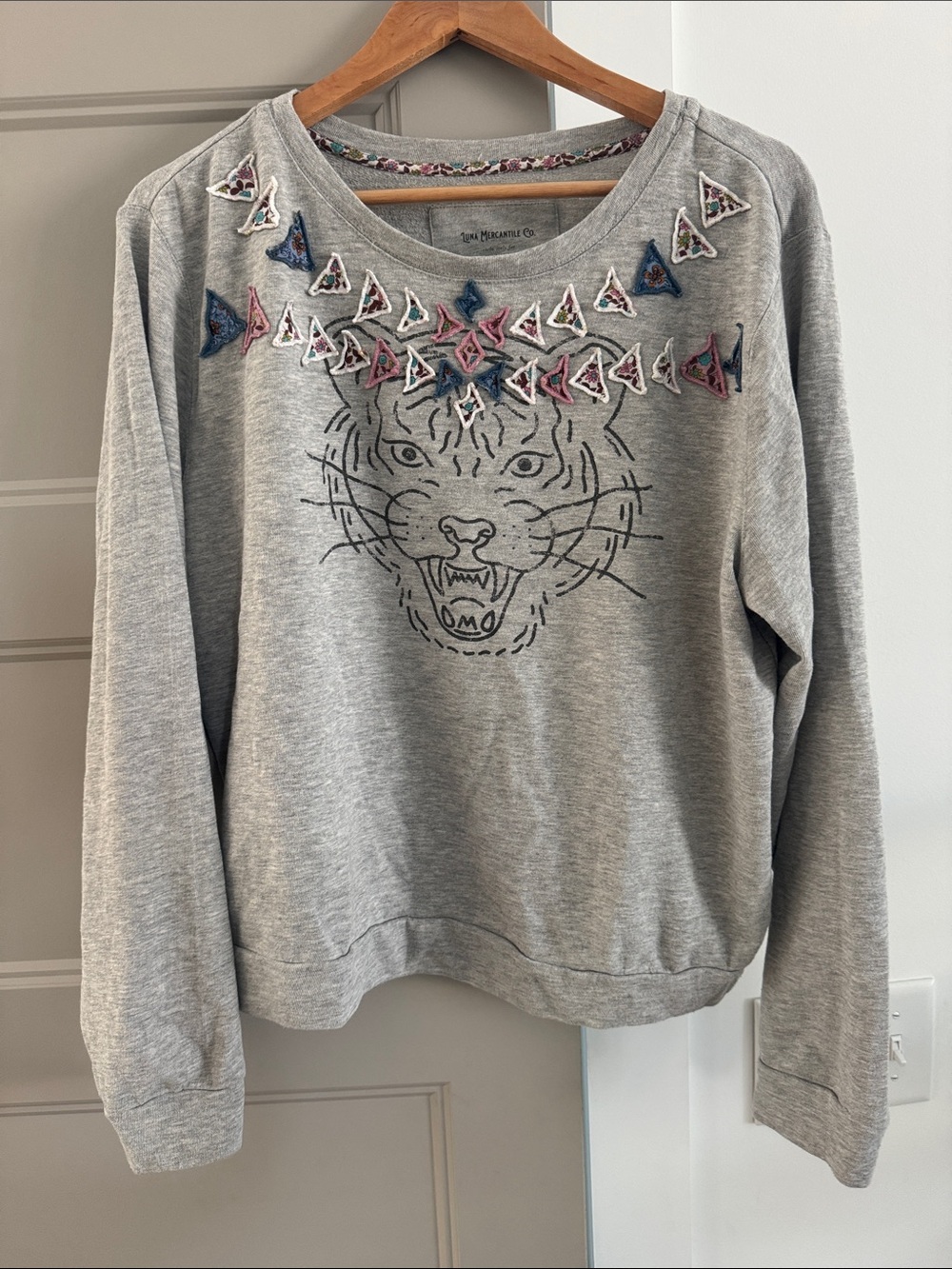 Anthropologie Gray Embroidered Tiger Crewneck Sweatshirt